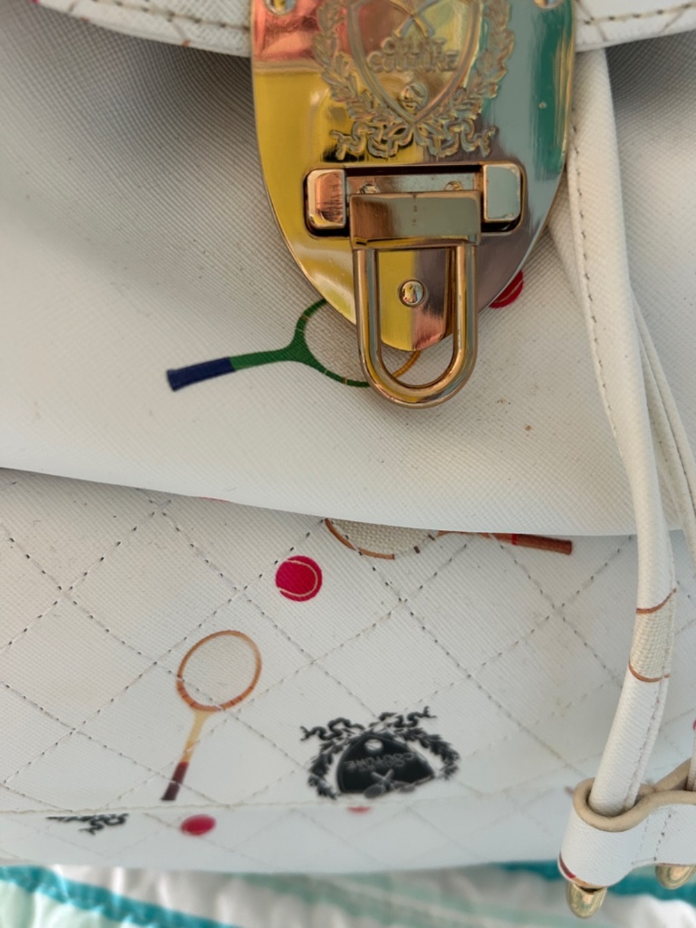 Court  couture White  Tennis Print Drawstring Backpack Vintage Karisa - Picture 5 of 10